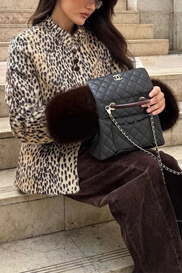 Retro Street Style Faux Fur Animal Print Stand Collar Button Furry Cuffs Jacket