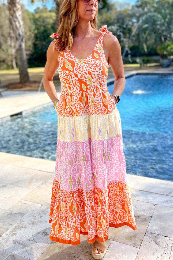 Orange Knotted Straps Leopard Colorblock Tiered Dress