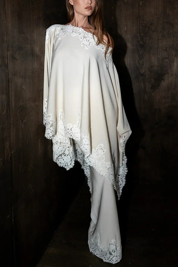 Like A Swan Lace Trim Off Shoulder Cape Top and Elastic Waist Draped Maxi Skirt Set