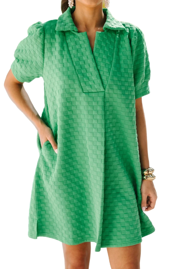 Bright Green Textured Checkered Puff Sleeve Pocket Shirt Dress
