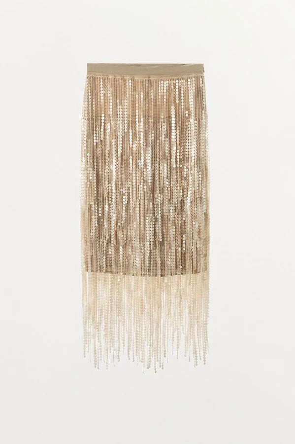 Champagne Party Layered Sequined Tassels Mid Rise Elastic Waist Midi Skirt
