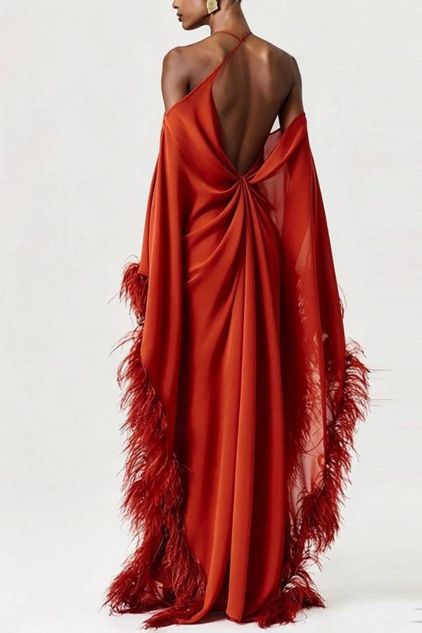 Halter Off-shoulder Feather Chiffon Gown
