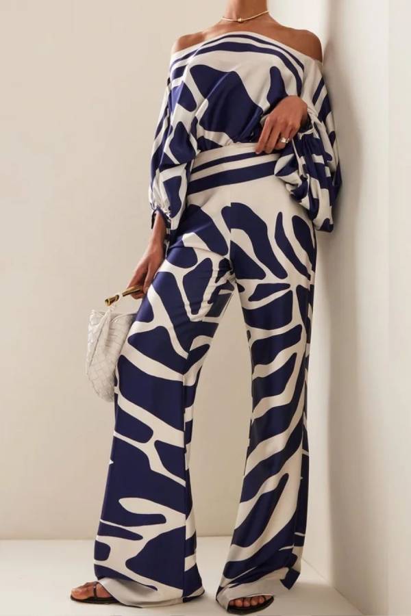 Casual Fashion Satin Printed Loose One-shoulder Neck Two-piece Suit