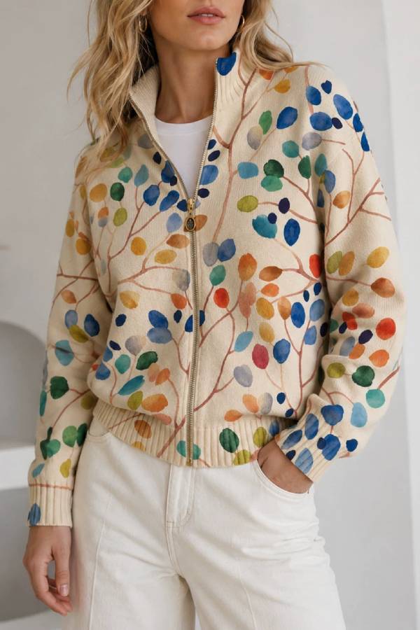 Vintage Floral Print Zip‑Up Collared Knit Cardigan