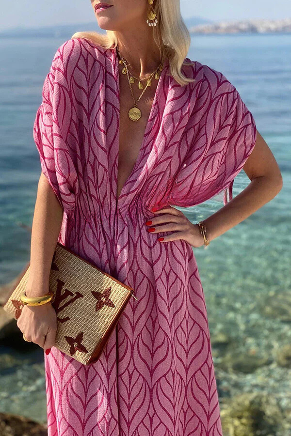 Printed Drawstring Design Kimono Beach Maxi Dress