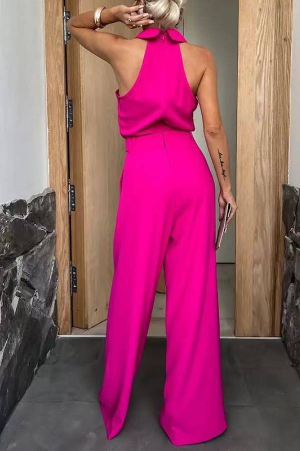 Collared Halter Backless High‑Waist Wide‑Leg Jumpsuit