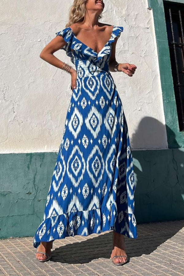 TUNISIA BLUE PRINTED, LONG DRESS