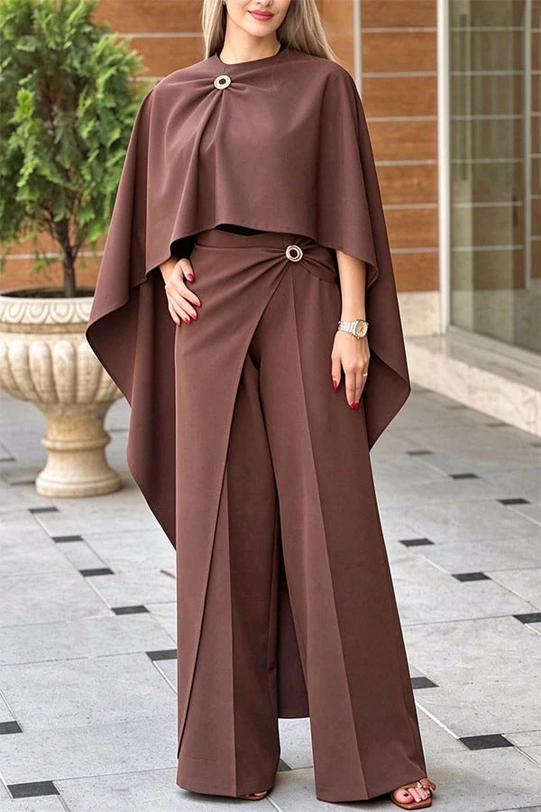 Elegant Two-Piece Cape Top and Wide-Leg Pants Set with Gold Brooch Accents