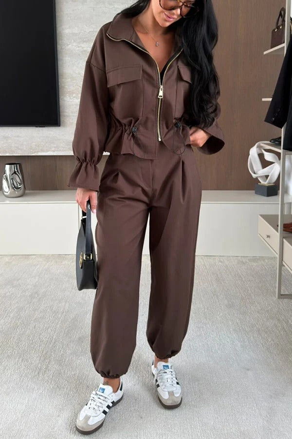 Trendy Workwear Style Drawstring Elastic Waist Long Sleeve Pocket Zipper Jacket