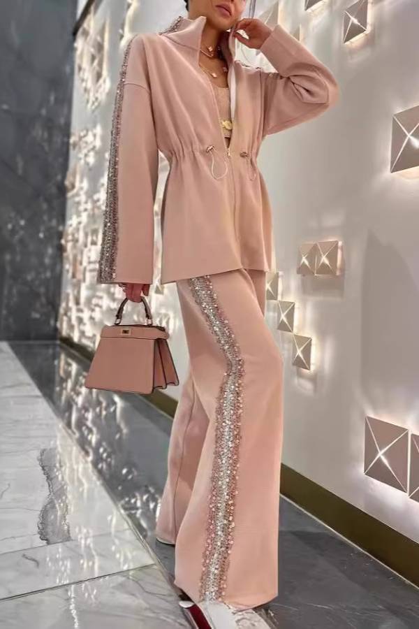 Sequined Drawstring Waist Suit
