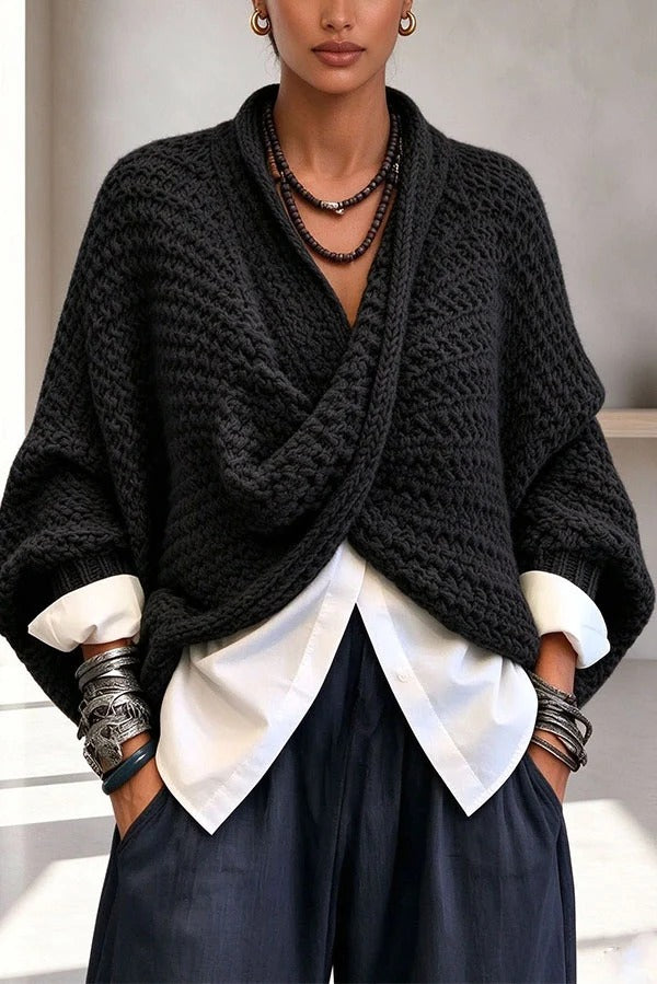 Comfortable Casual Knit Batwing Sleeves and A Crossover V-neck Loose-fitting Sweater