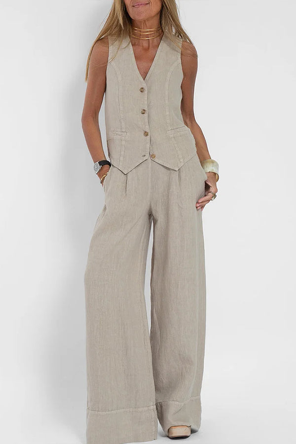 Women Casual Linen Waistcoat Two Set Suits