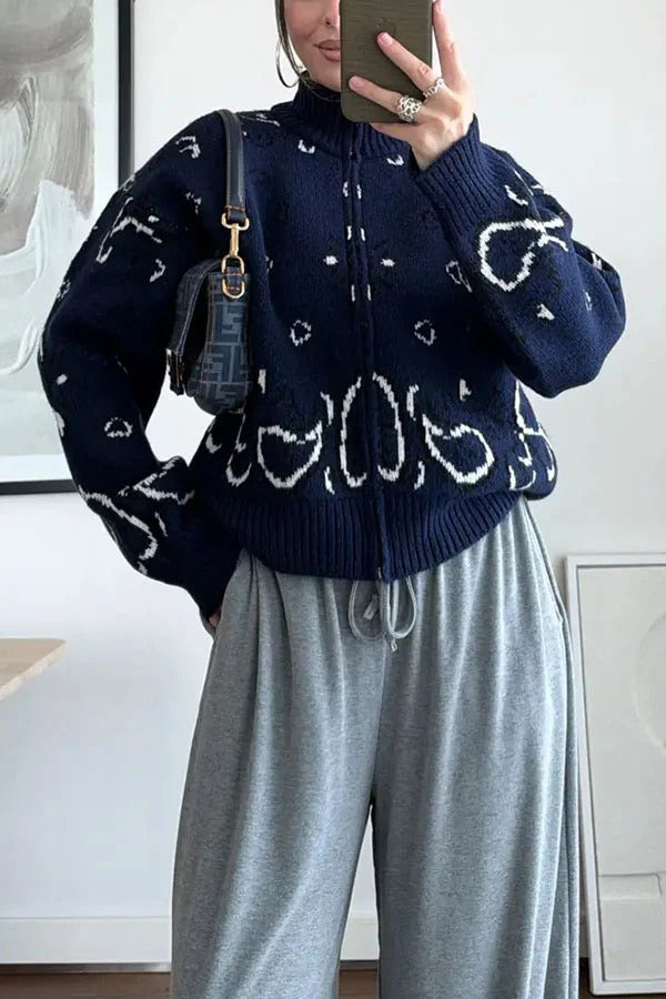 Bandana Knit Printed High Neck Long Sleeve Zipper Relaxed Cardigan
