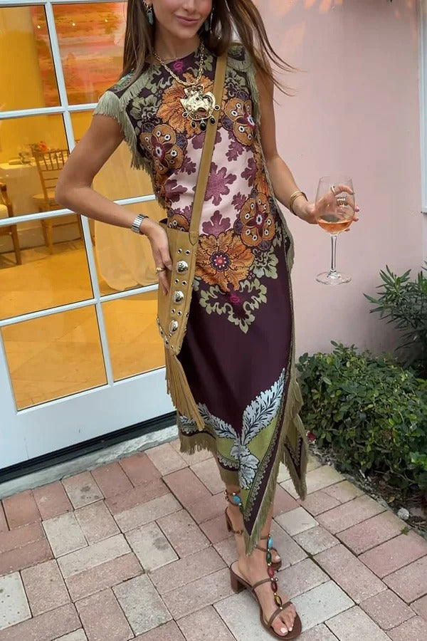 Bohemian Style Floral Print Tassel Trim Irregular Hem Slit Scarf Midi Dress