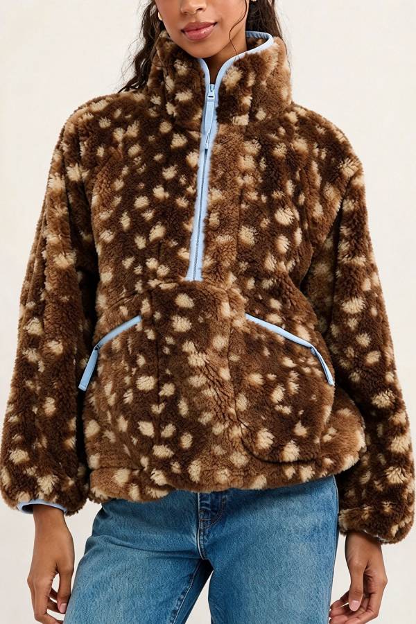 Bambi Print Color Block Trim High-Pile Fleece Zipper Half Neck Long Sleeve Pocket Sweatshirts