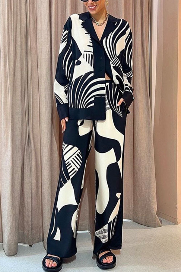 Graphic Printed Long Sleeve Blouse Shirt Wide Leg Pants 2 Pieces Set