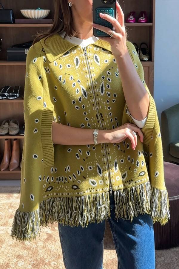 Lennie Bandana Knit Printed Open-Sleeve Pocket Fringe Lapel Zipper Poncho Sweater