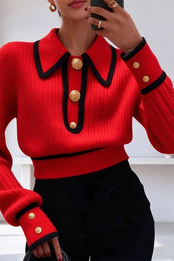 Olivia Knit Top with Contrast Piping and Collar