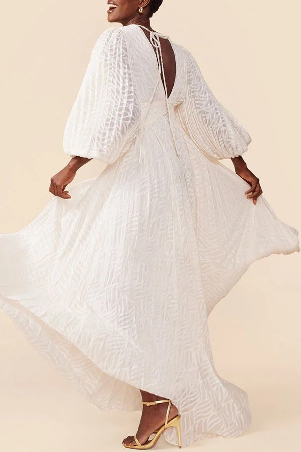 Wedding Guests Pleated Textured Chiffon Fabric Balloon Sleeve Open Back Maxi Dress