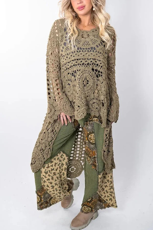 Boho Style Crochet Long Sleeve High Low A-line Maxi Top