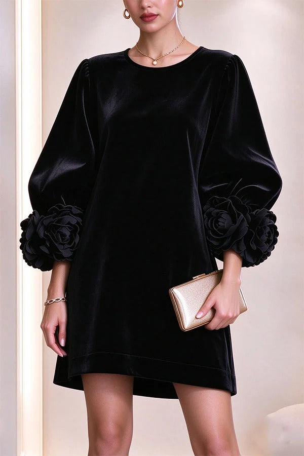 Rima Velvet Flowers Floral Cuffs Half Sleeve H-line Mini Dress