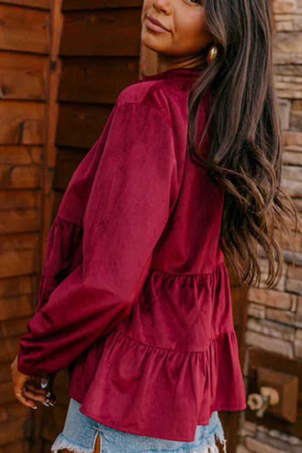Burgundy Smocked Ruffle Tiered Button-up Shirt