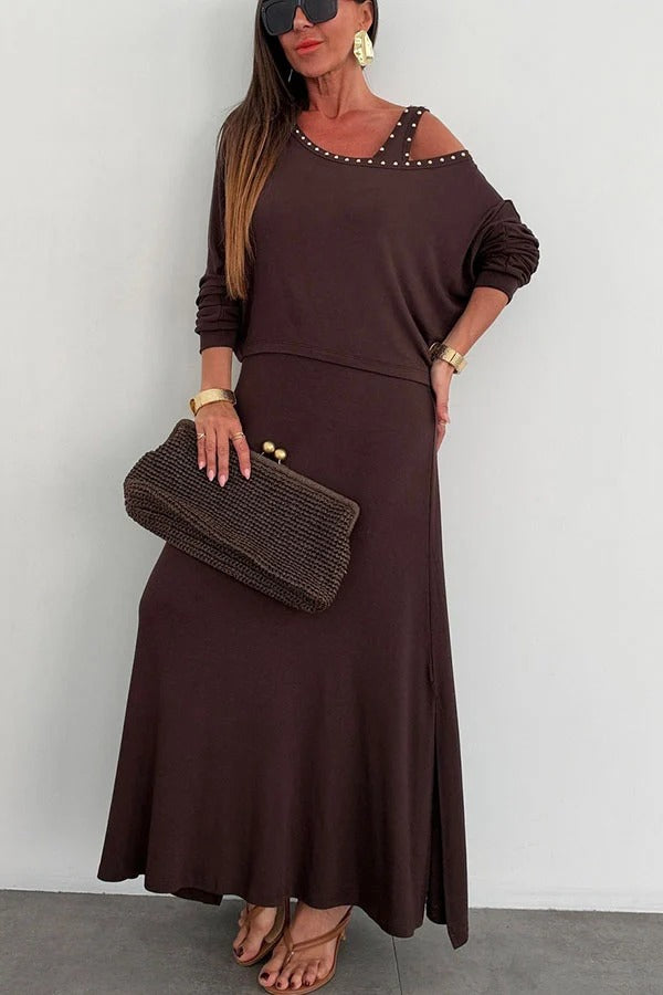 Samara Modal Beaded Detail Batwing Sleeves Loose Top and Tank Slit Maxi Dress Two Pieces Set