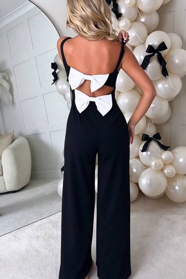 Dream Darling Back Cutout Bow Detail Square Neck Wide Leg Jumpsuit