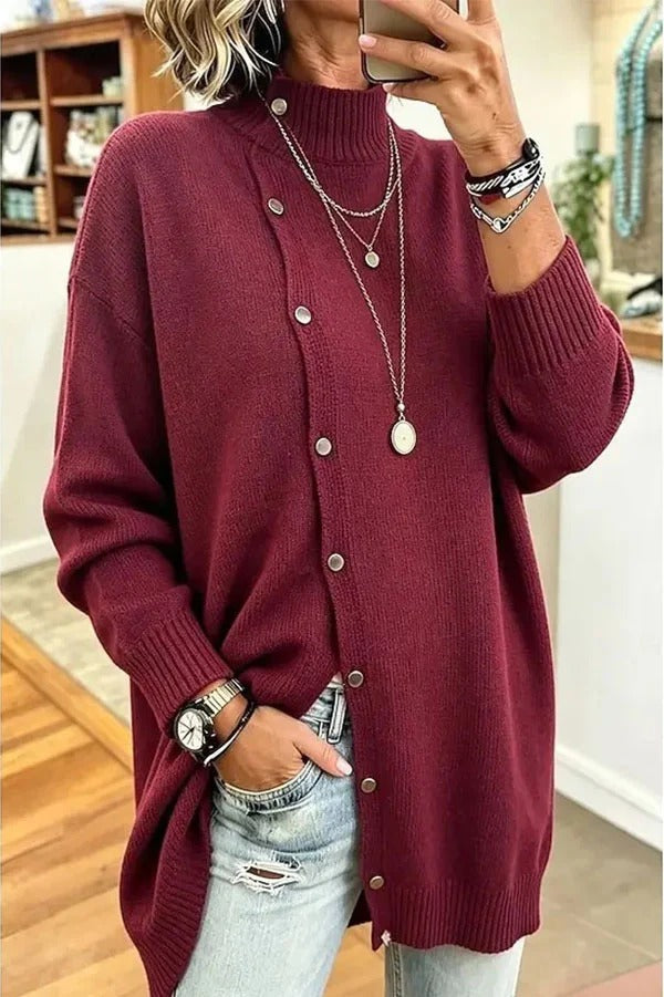 Warm Season Knit Turtleneck Button-down Long Sleeve Loose Sweater