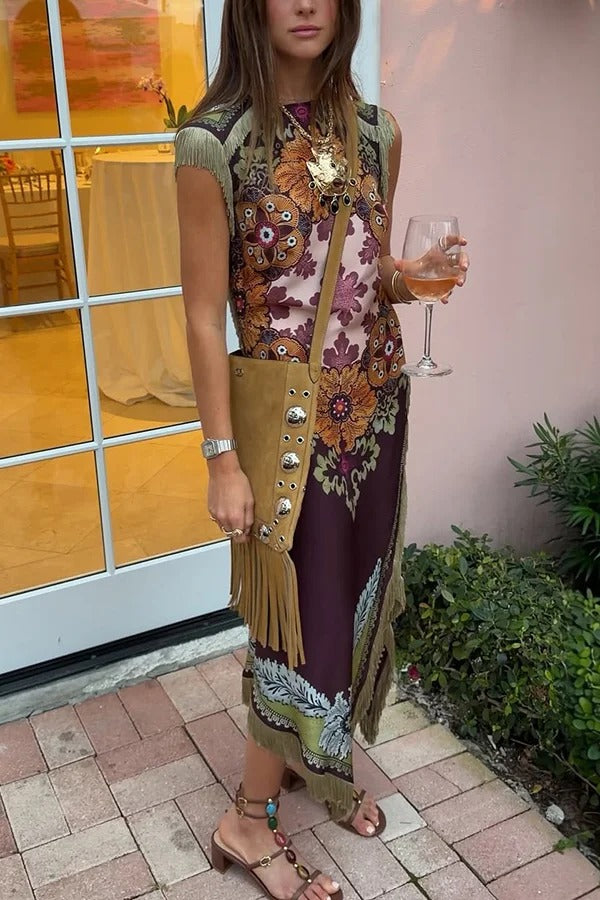 Bohemian Style Floral Print Tassel Trim Irregular Hem Slit Scarf Midi Dress