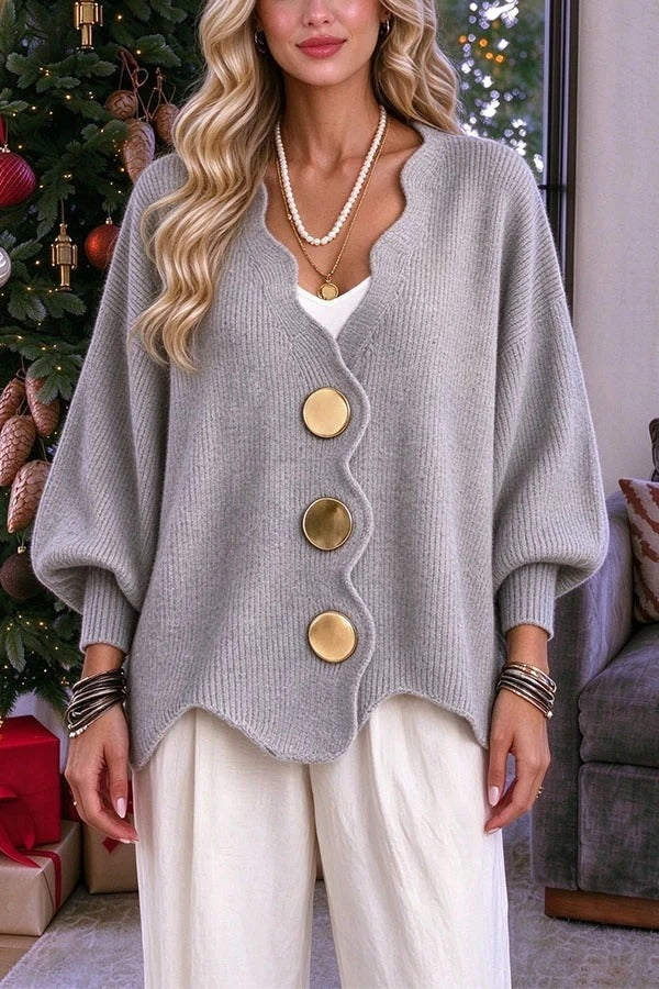 Serene Knit Wavy Edge V-neck Metal Button Long Balloon Sleeve Sweater