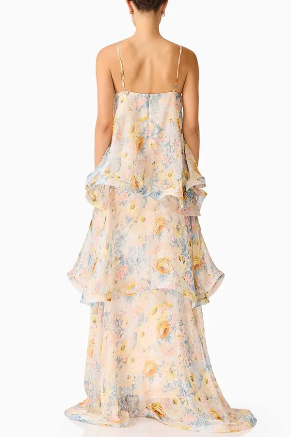 Armani Georgette Fabric Floral Print Tiered Slip Square Neck A-line Maxi Dress