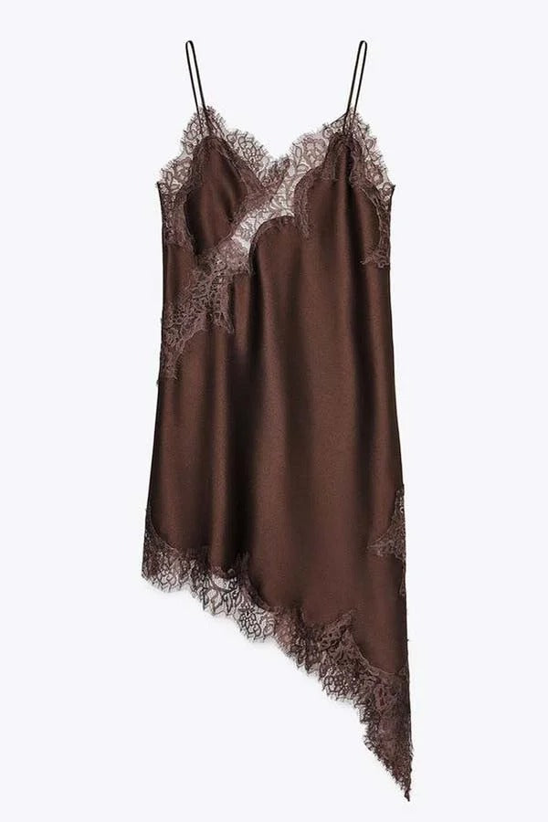Elouise Satin Lace Trim V-neck Asymmetrical Hem Slip Mini Dress