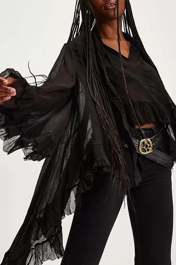 Flowy See-through Ruffle Tie-up Neck Bell Sleeve High-low Hem Cape Shirt