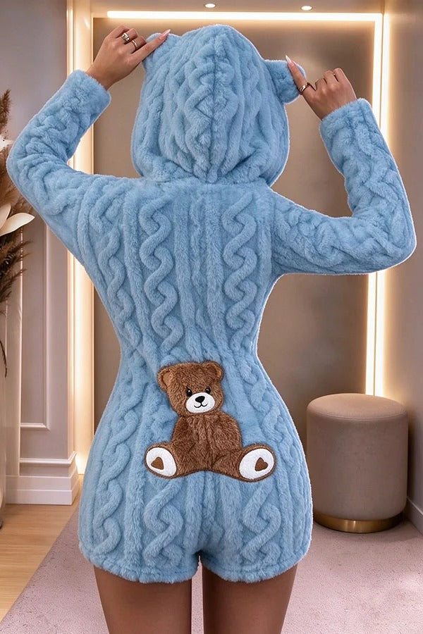 Relaxed and Cozy Teddy Bear Long Sleeve Zipper Hooded Lounge Romper
