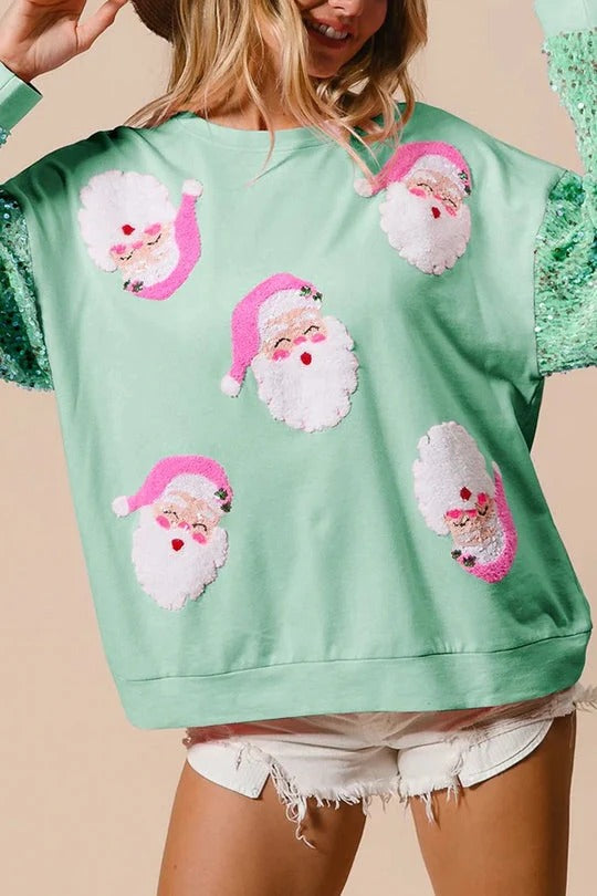 Mint Green Pink Santa Sequin Sweatshirt