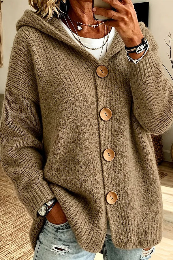 Warm Season Knit Four-button Long Sleeve Hooded Loose Cardigan