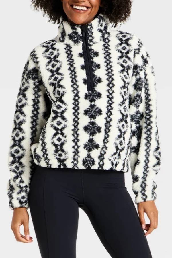 Geometric print half-zip turtleneck plush coat