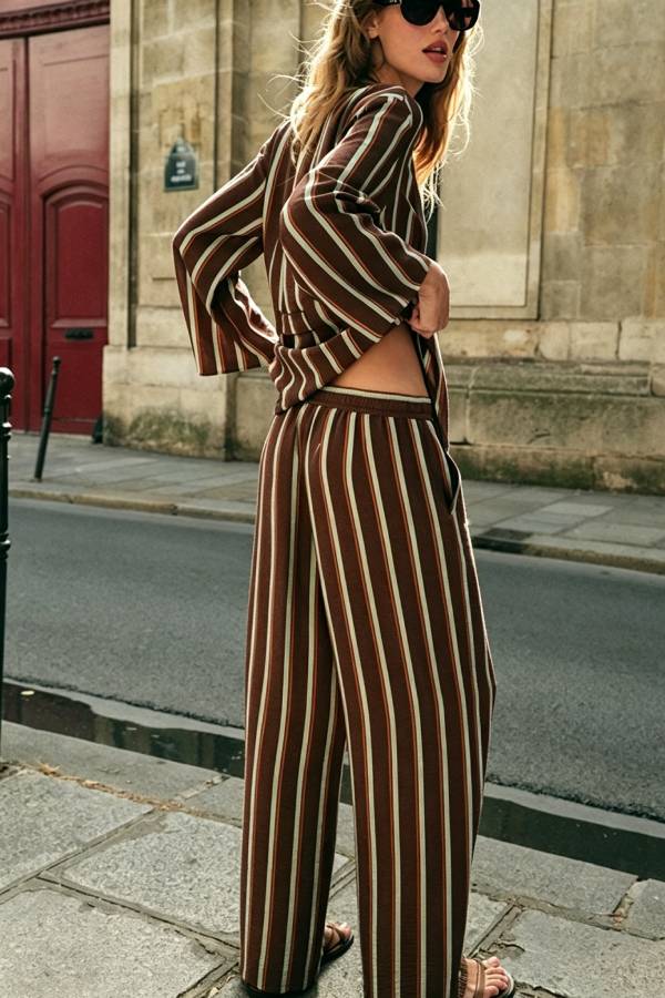 Terez Striped Long Sleeve Wrap Tie-up Jacket and Elastic Waist Pocket Wide Leg Pants Set