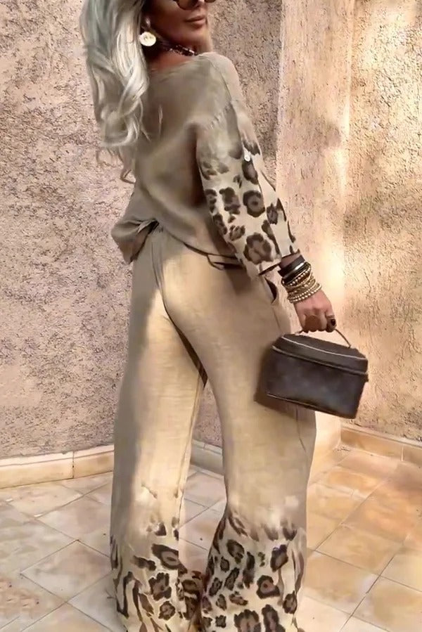 Leopard Print Crew Neck Loose Top and Elastic Waist Casual Wide-leg Pants Set