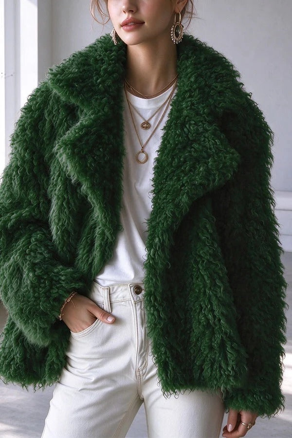 Warm Winter Teddy-style Curly Plush Long Sleeve Lapel Coat
