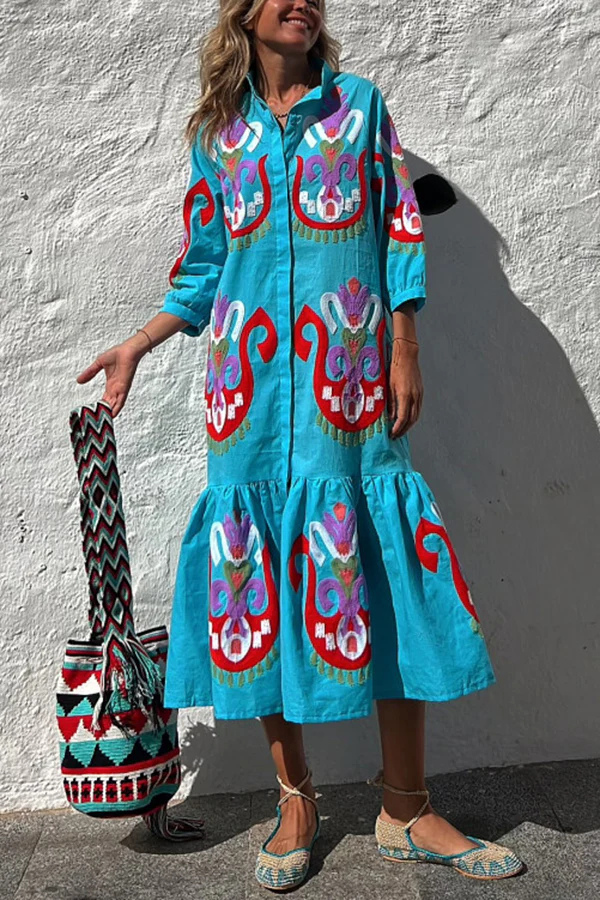 Take Me To Cabo Ethnic Unique Print Button Loose Shirt Midi Dress