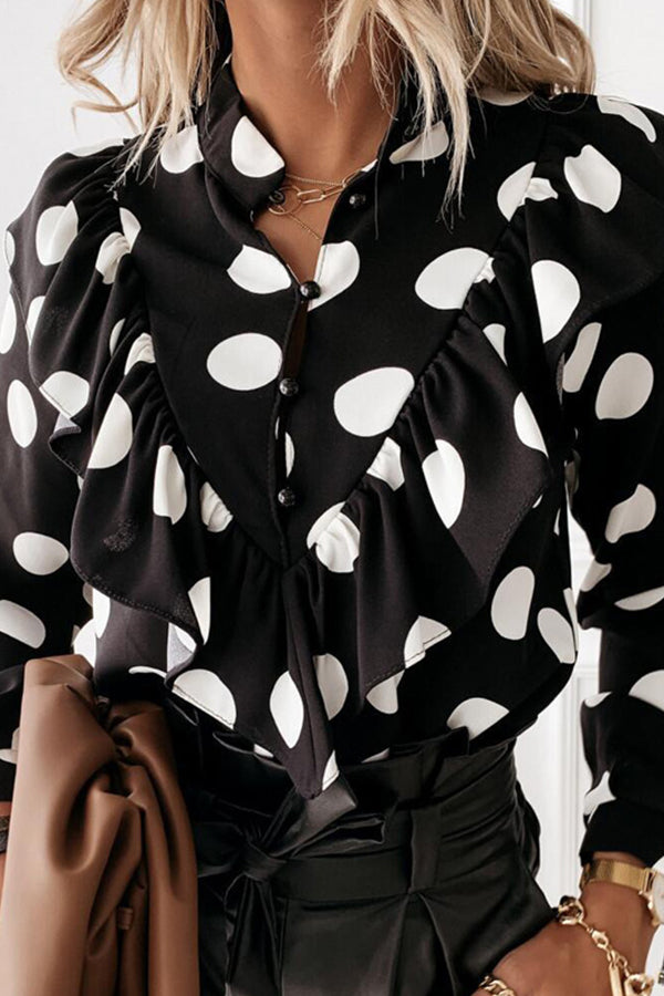 Autumn and winter polka dot ruffle long sleeve shirt