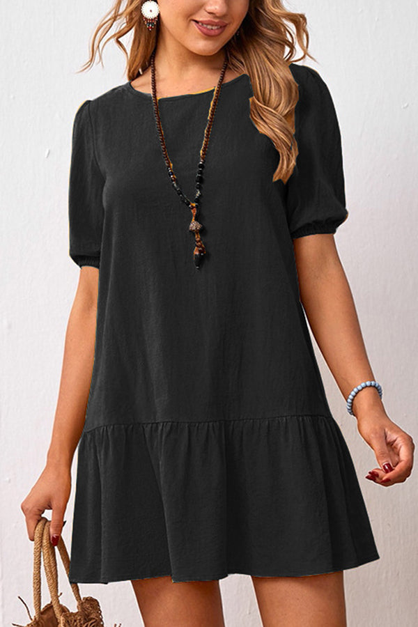 Solid Color Loose Waist Cotton Linen Round Neck Dress