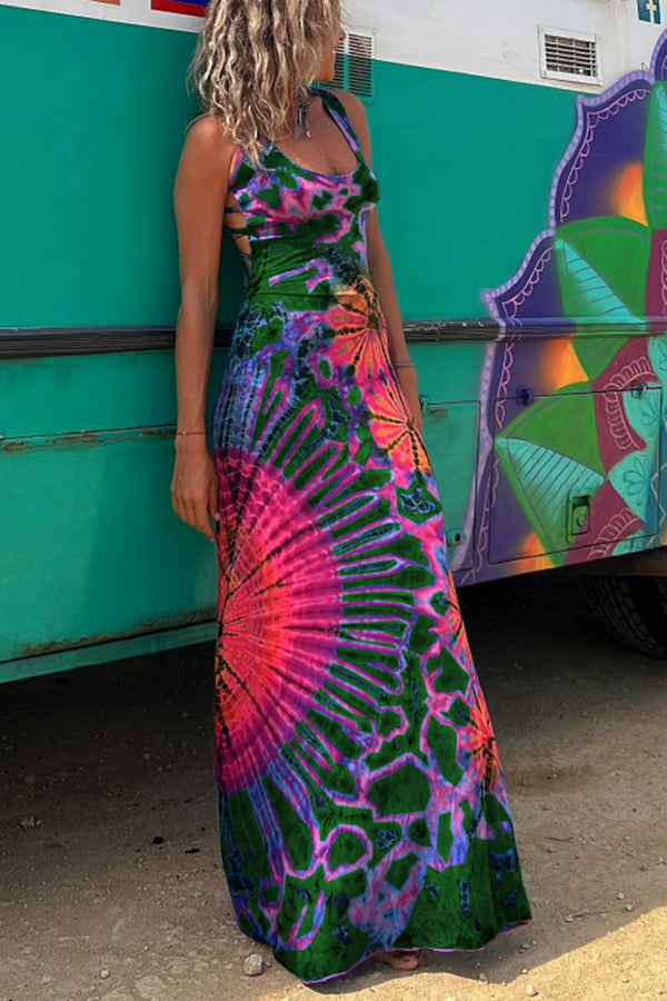 La Bamba Tie-dye Print Back Lace-up Stretch Maxi Dress(With built-in bra)