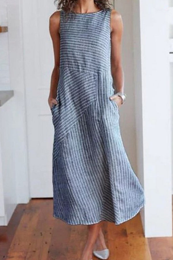 Striped Round Neck Sleeveless Oversized Fitted Dress