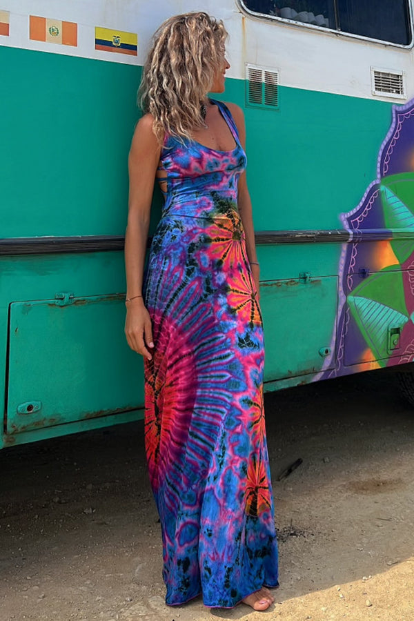 La Bamba Tie-dye Print Back Lace-up Stretch Maxi Dress(With built-in bra)