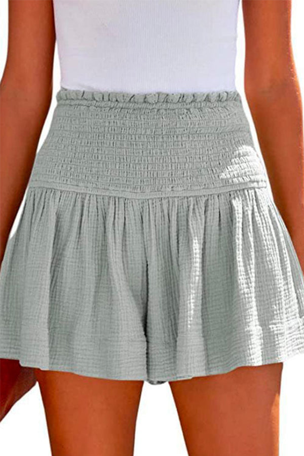 Elastic Smocked Waist Wide Leg Solid Shorts