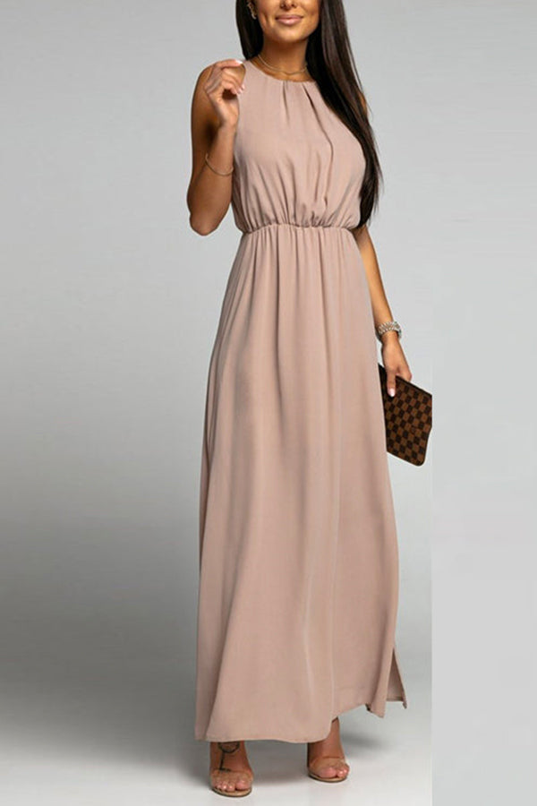 Crewneck Sleeveless Waisted Side Split Dress