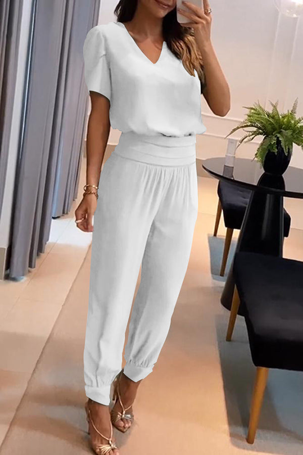 Jemma Puff Sleeve Top and High Waist Pocketed Cuffed Pants Set